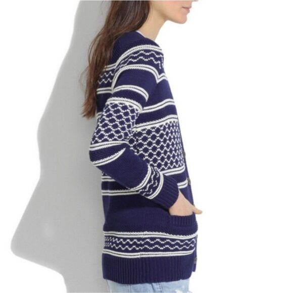 Madewell Stitchway Cardigan Fair Isle Stripe Sweater size Small Blue White - Picture 2 of 5